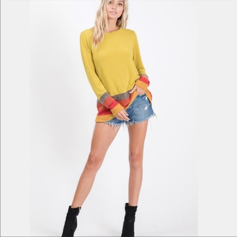 (M-8/10) Mustard sweater w/ striped sleeves & hem - Picture 7 of 8